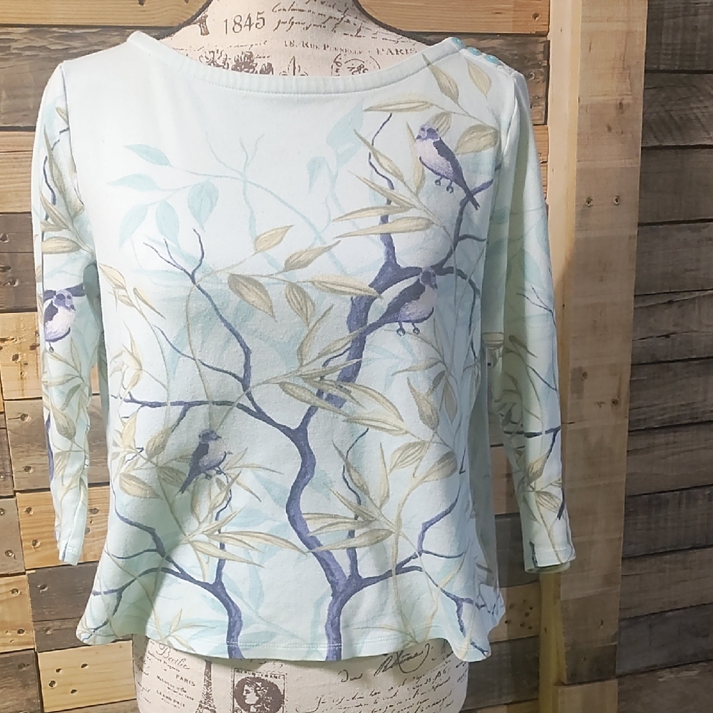 Charter Club Blue and Cream Nature Print Long Sleeve Top